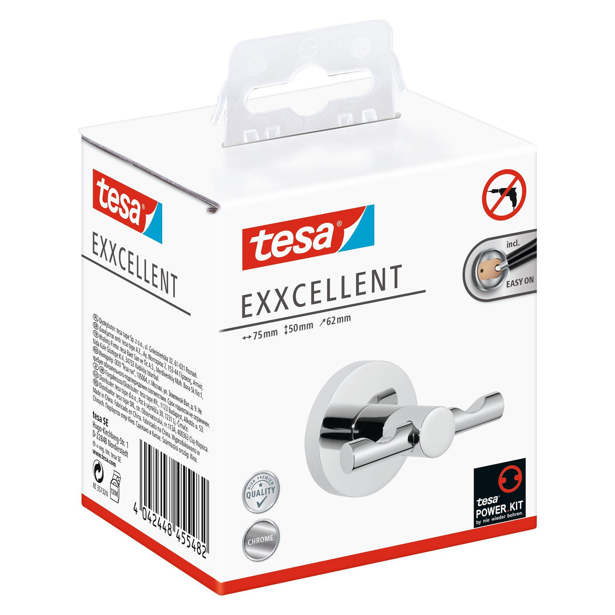 tesa Exxcellent Double Wall Hook, Metal, Chrome-Plated, Includes Adhesive Solution