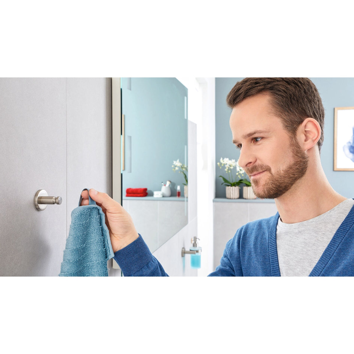 tesa Nooblesse Towel Hook, Stainless Steel Look, Includes Adhesive Solution – Instructions for Use