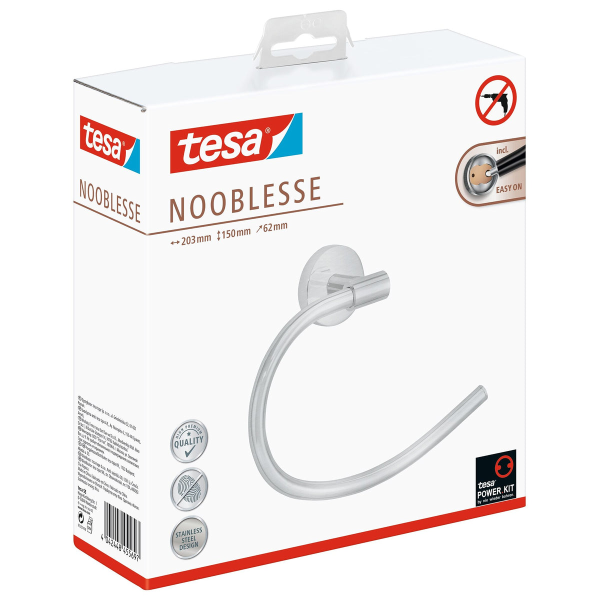 tesa Nooblesse Towel Ring, Stainless Steel Look, Includes Adhesive Solution