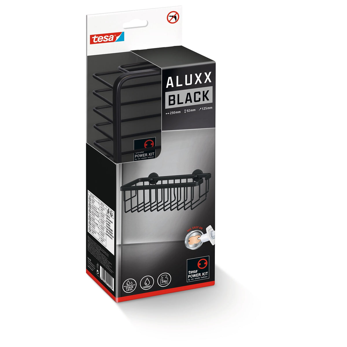 tesa ALUXX BLACK Shower Basket, Matte Black, for the Shower and Bathtub
