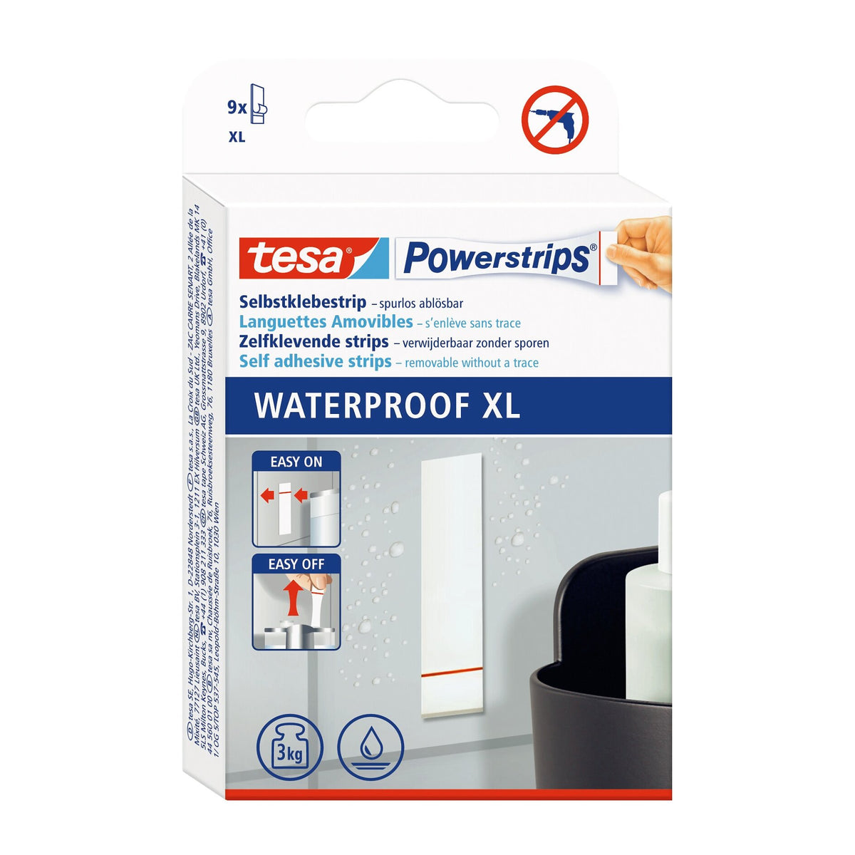 tesa Powerstrips Waterproof XL, Refill Pack, Self-Adhesive Mounting Solution for Bathrooms, White