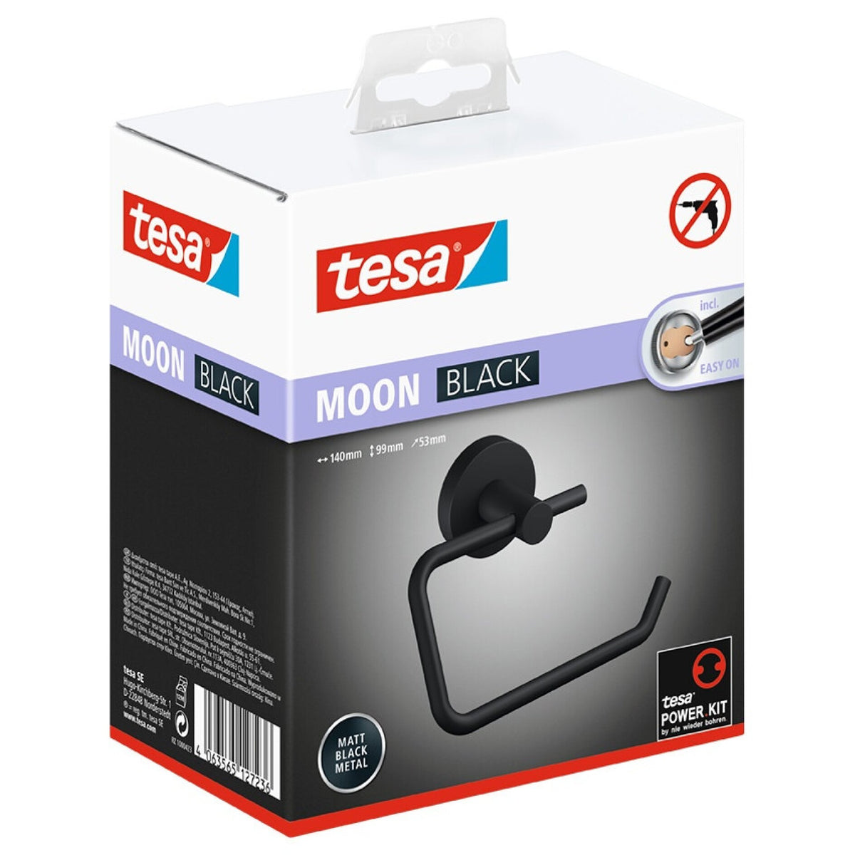 tesa MOON BLACK Toilet Paper Holder, Matte Black, Includes Adhesive Solution