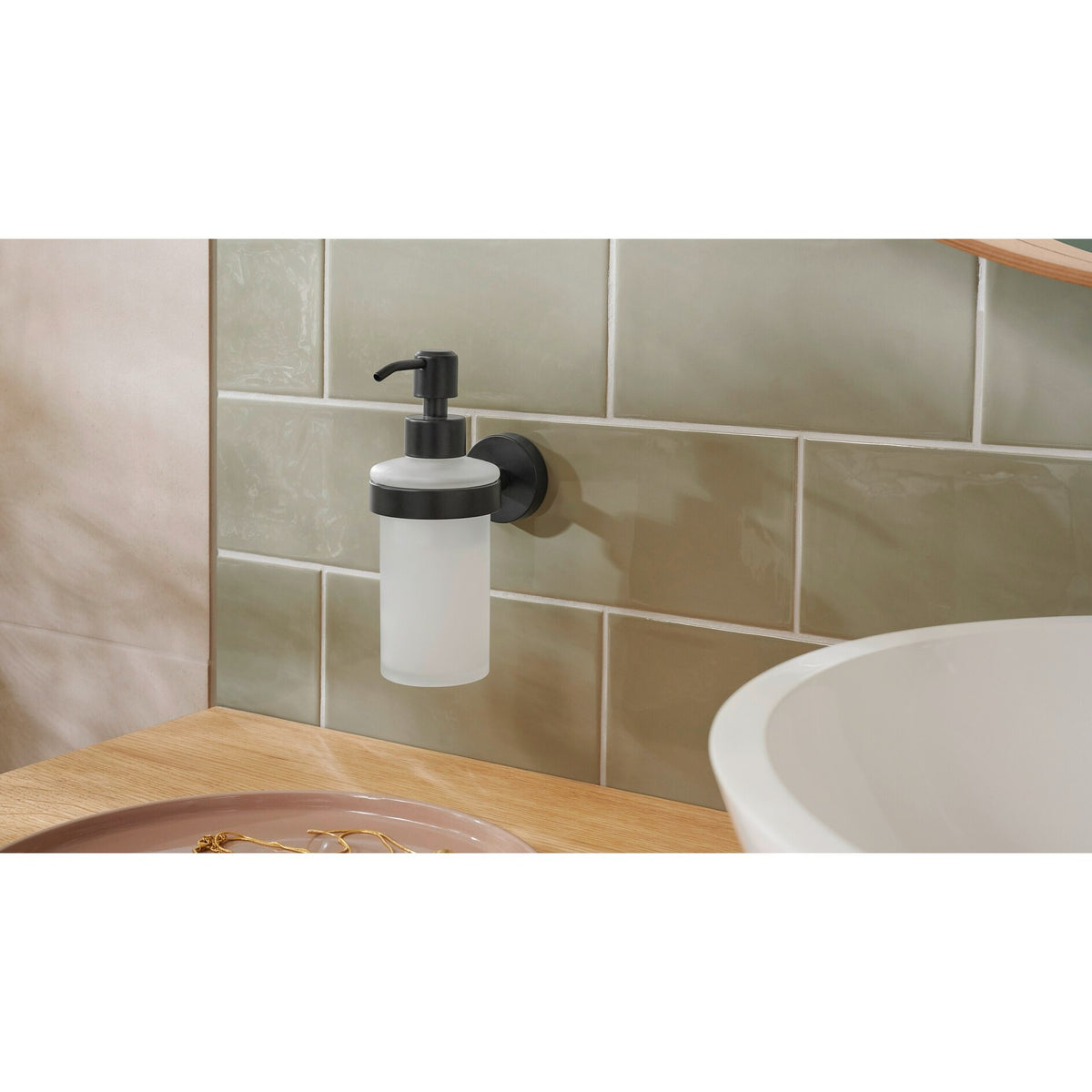 tesa MOON BLACK Wall-Mounted Soap Dispenser, Matte Black, Includes Adhesive Solution – Instructions for Use