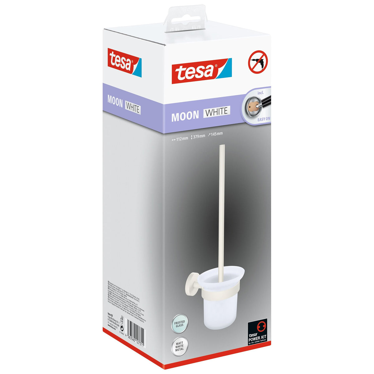 tesa MOON WHITE Toilet Brush Holder, Matte White, Includes Adhesive Solution