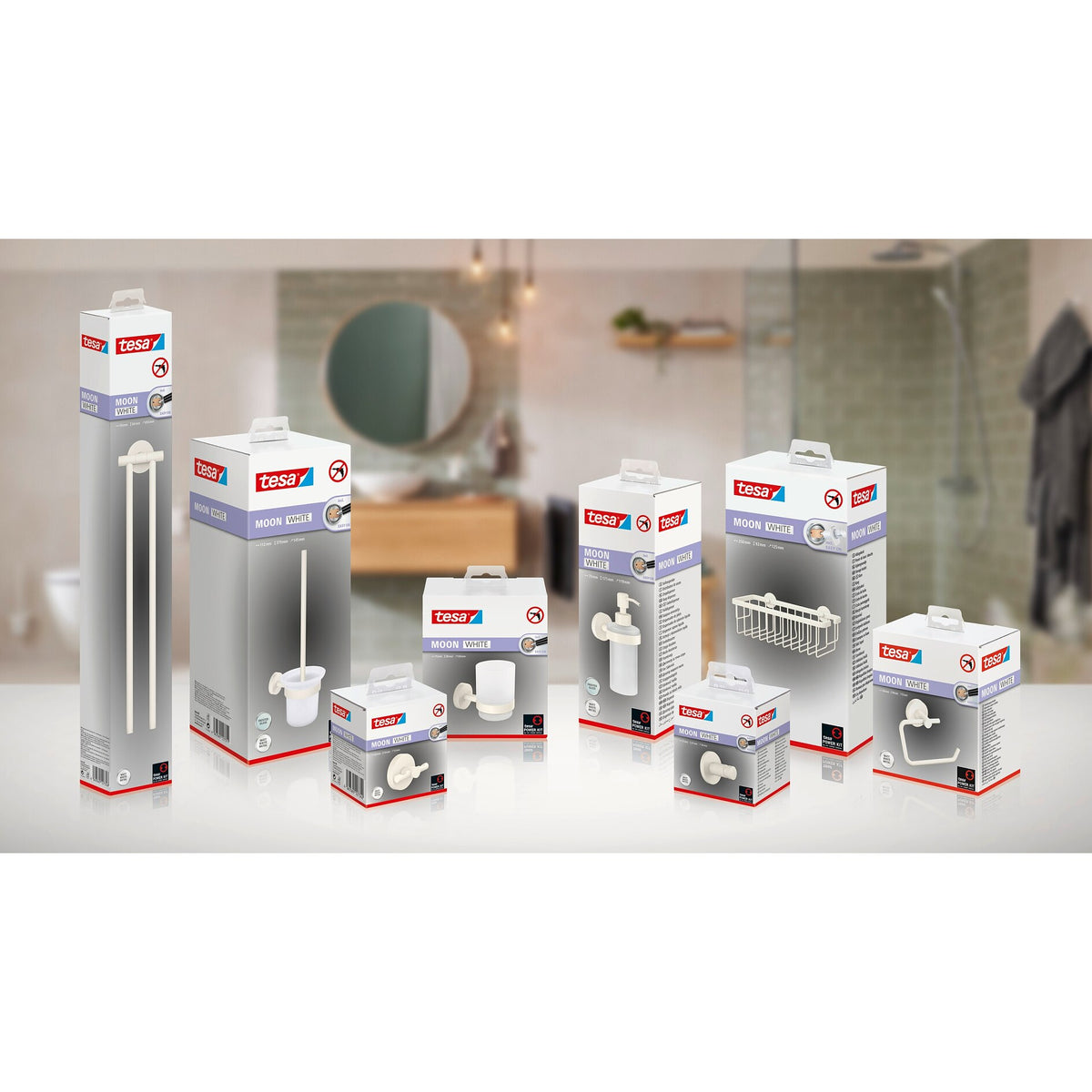 tesa MOON WHITE Toilet Brush Holder, Matte White, Includes Adhesive Solution – Assortment