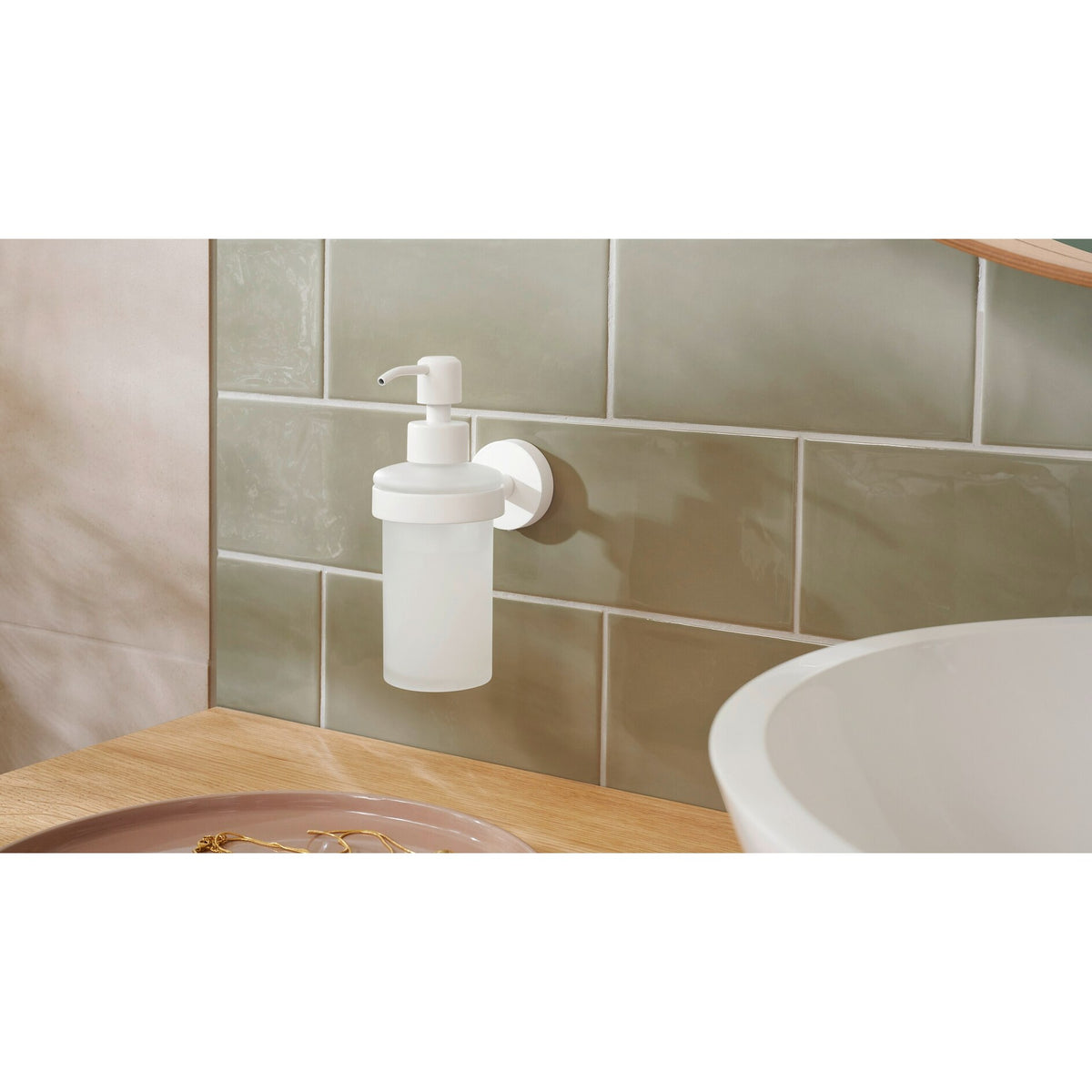 tesa MOON WHITE Wall-Mounted Soap Dispenser, Matte White, Includes Adhesive Solution – Instructions for Use