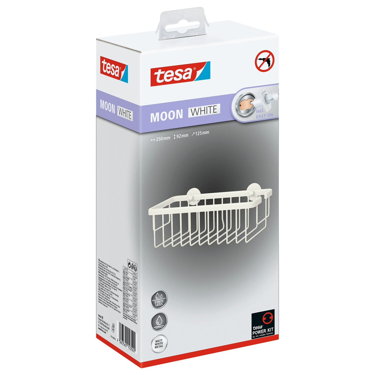 tesa MOON WHITE Shower Basket, Matte White, for the Shower and Bathtub