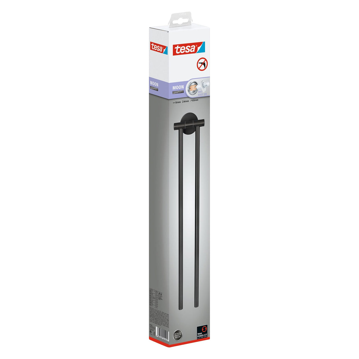 tesa MOON Graphite Two-Arm Towel Rack, Self-Adhesive, Metal with PVD Coating