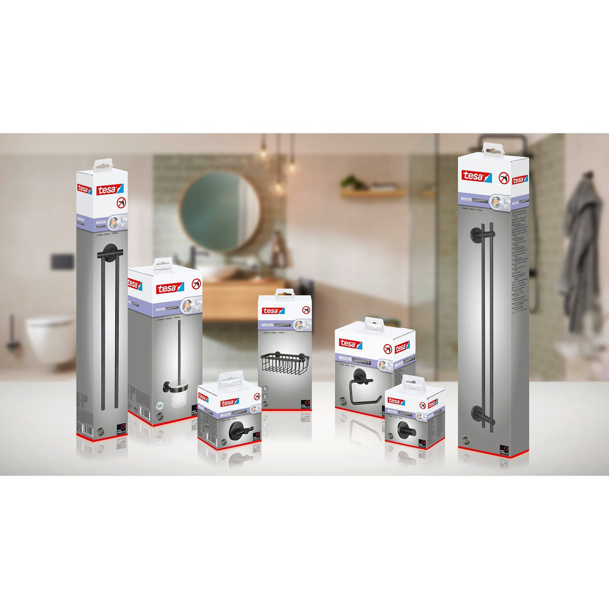 tesa MOON Graphite Towel Hooks, Self-Adhesive, Metal with PVD Coating – Assortment