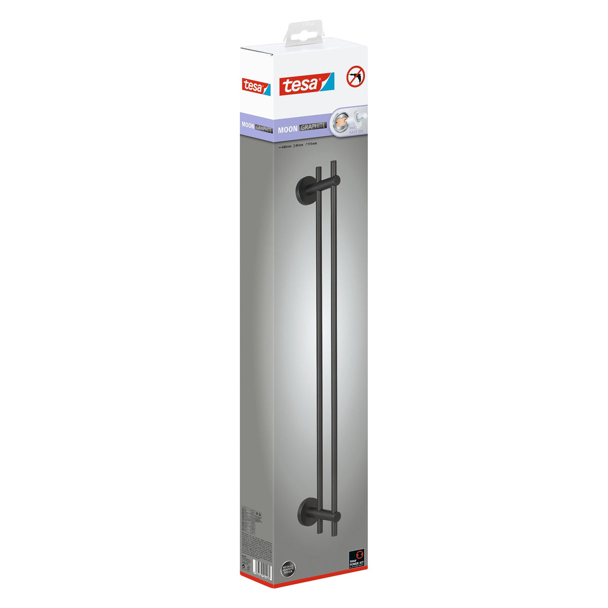 tesa MOON Graphite Double Towel Rack, Self-Adhesive, Metal with PVD Coating