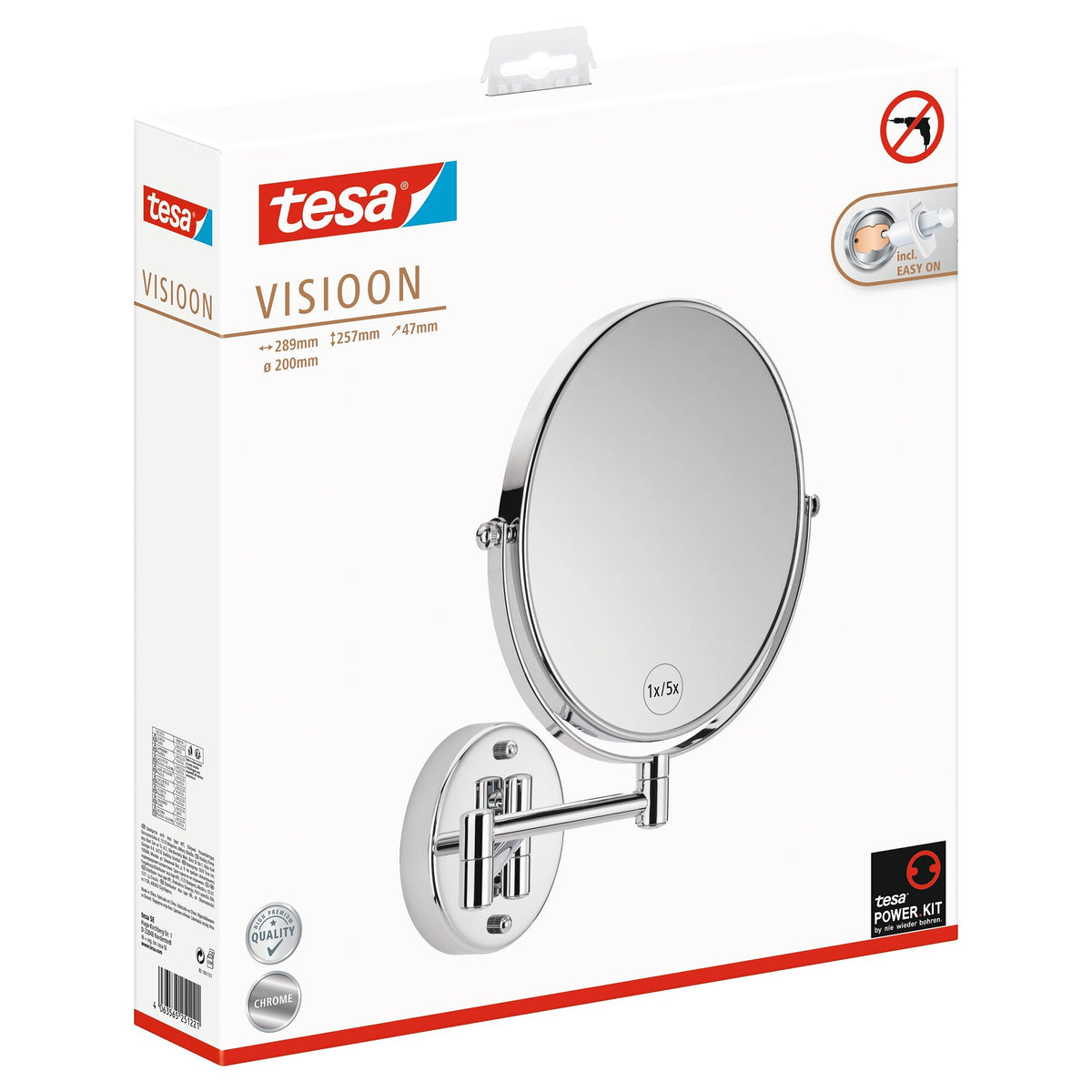 tesa VISIOON Cosmetic Mirror with Double-Swivel Arm, Self-Adhesive, Chrome-Plated Brass and Chrome-Plated Chrome