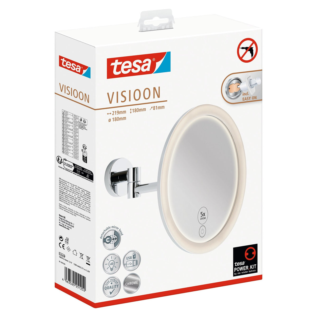tesa VISIOON LED Cosmetic Mirror with Swivel Arm, Self-Adhesive, Chrome-Plated Metal, Chrome-Colored Plastic