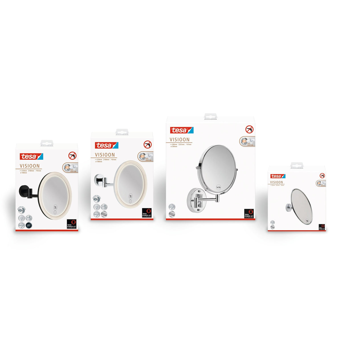 tesa VISIOON LED Cosmetic Mirror with Swivel Arm, Self-Adhesive, Chrome-Plated Metal, Chrome-Colored Plastic – Product Line