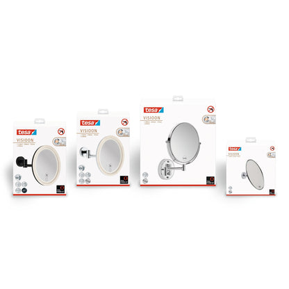 tesa VISIOON LED Cosmetic Mirror with Swivel Arm, Self-Adhesive, Chrome-Plated Metal, Chrome-Colored Plastic – Product Line