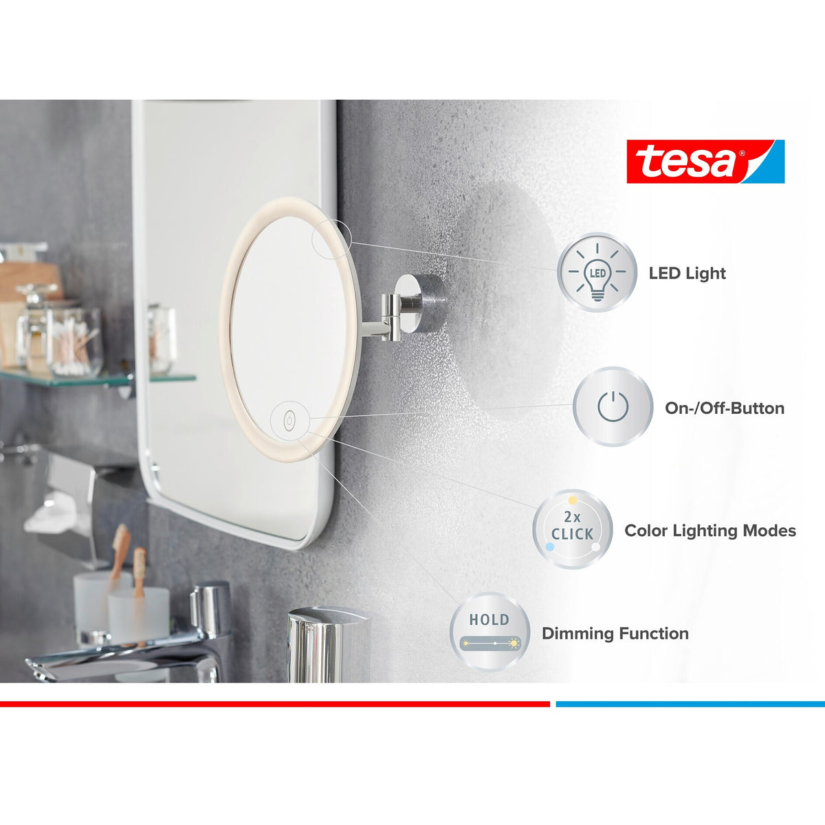 tesa VISIOON LED Cosmetic Mirror with Swivel Arm, Self-Adhesive, Chrome-Plated Metal, Chrome-Colored Plastic – Product Features