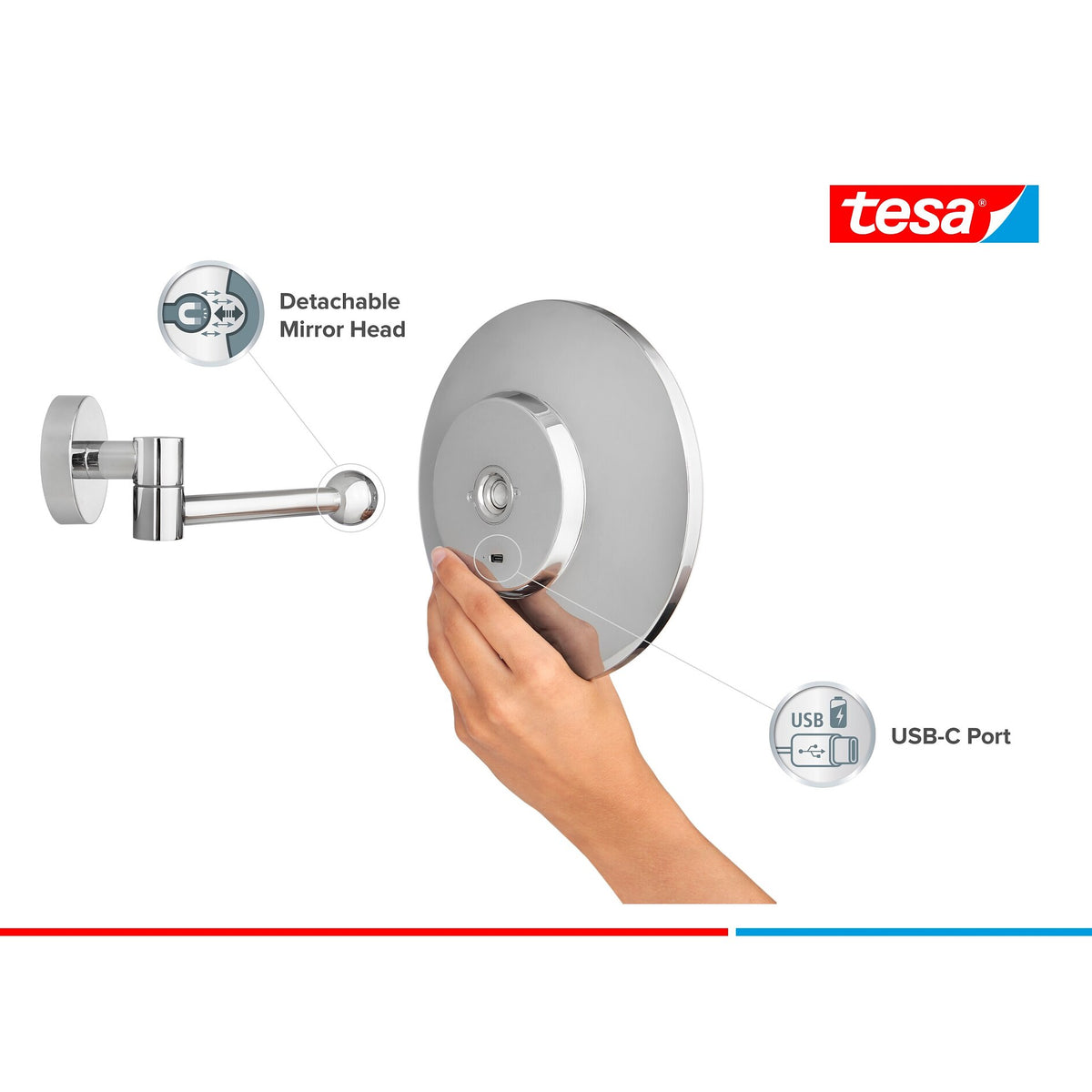 tesa VISIOON LED Cosmetic Mirror with Swivel Arm, Self-Adhesive, Chrome-Plated Metal, Chrome-Colored Plastic – Product Features