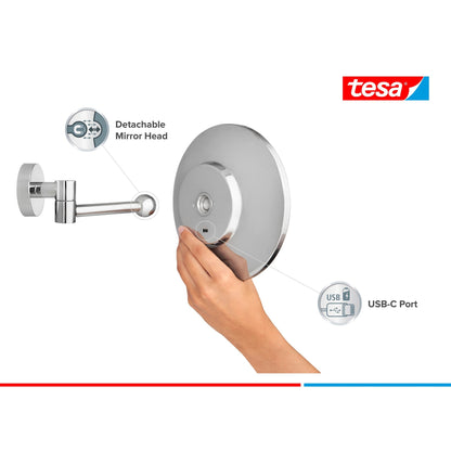 tesa VISIOON LED Cosmetic Mirror with Swivel Arm, Self-Adhesive, Chrome-Plated Metal, Chrome-Colored Plastic – Product Features
