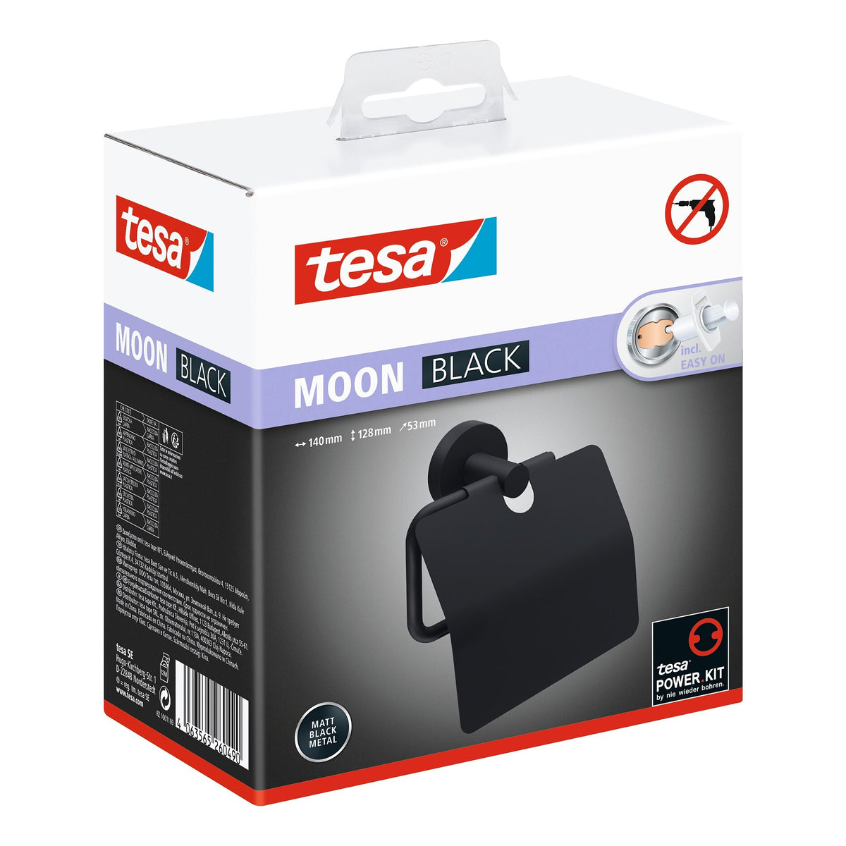 tesa MOON BLACK Toilet Paper Holder with Lid, Self-Adhesive, Black Powder Finish