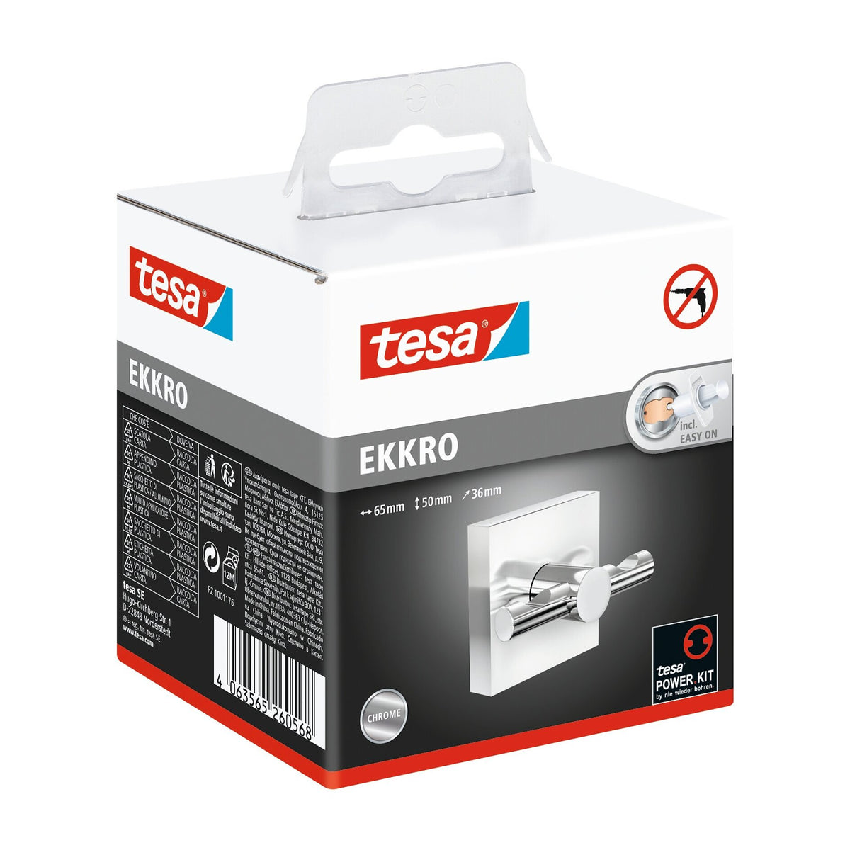 tesa EKKRO Bathrobe Hook, Self-Adhesive, Chrome-Plated Metal