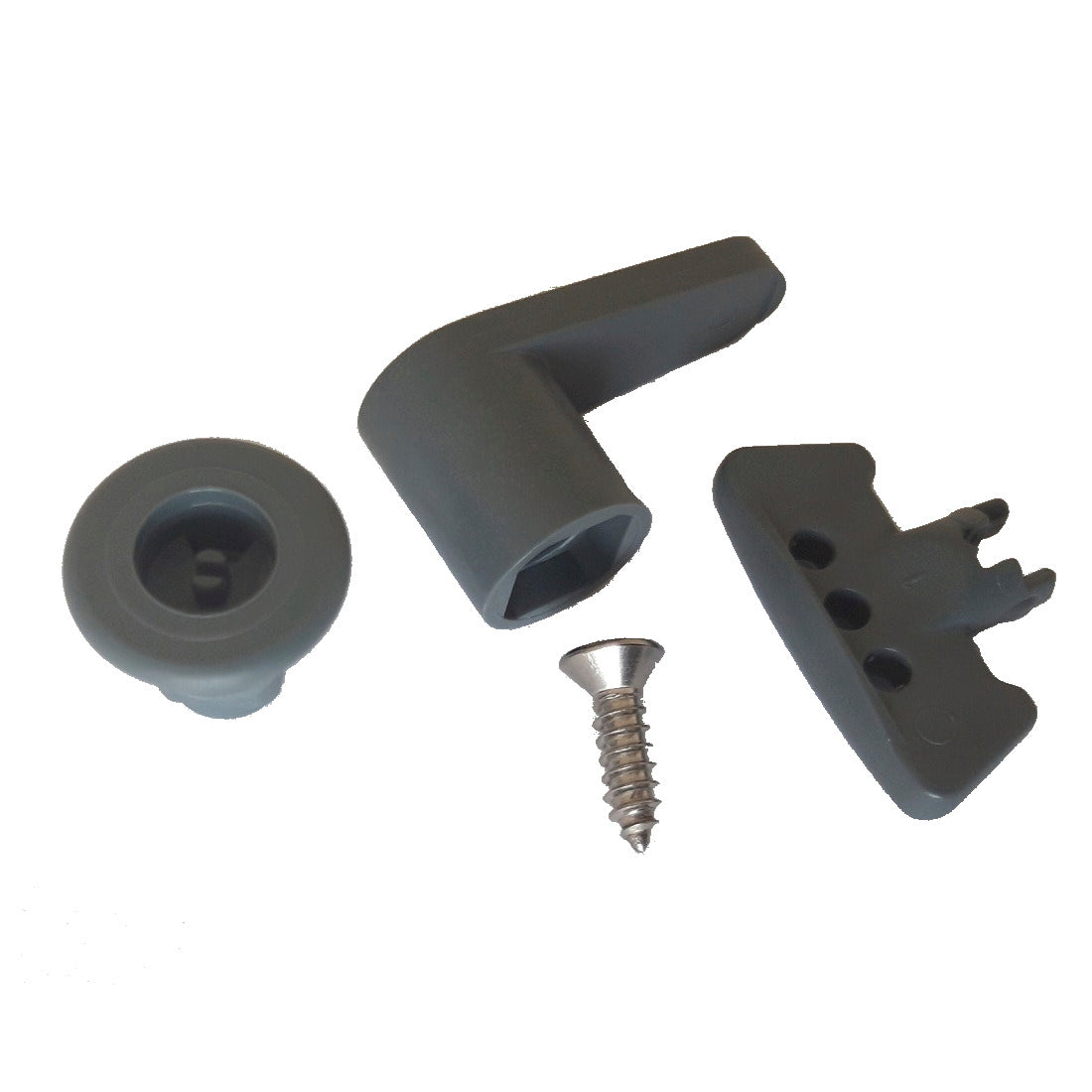 Four gray fitting parts - a round lid closure cap, an angled lever, a rectangular part with three holes, and a metal screw - for the DI Protect replacement lock for lids from Diversey Deutschland GmbH & Co. OHG are depicted on a white background.