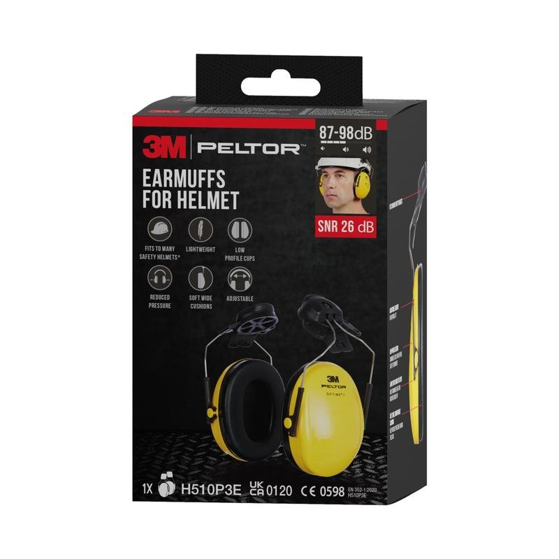 A black-red box of 3M™ PELTOR™ Optime™ I Earmuff for Safety Helmet H510P3E by 3M Deutschland GmbH, with yellow earmuff (SNR 26 dB), soft cushions, helmet compatibility, and a small user photo. Package: 1 piece.