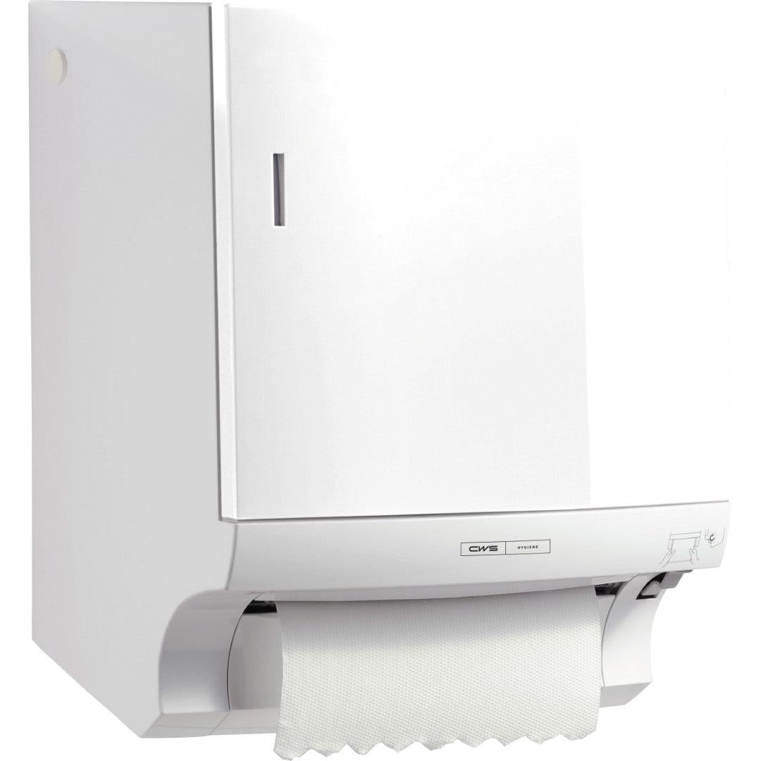 The CWS ParadiseLine roll paper towel dispenser Paperroll including panel in White from CWS offers a hygienic solution for hand drying through modern design, wall mounting, and a viewing window. A paper towel hangs from the bottom of the dispenser.