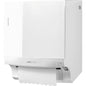 The CWS ParadiseLine roll paper towel dispenser Paperroll including panel White is a white, wall-mounted dispenser with a modern design, viewing window, and paper sheet dispensing at the bottom for hygienic hand drying.