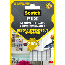 Eine Packung mit 36 Scotch-FIX™ Ablösbare Klebepads 301008C36-P von 3M Deutschland GmbH, wiederverwendbar und stark, jedes Pad ist 11 mm x 15 mm groß, hält bis zu 300g. Die Verpackung zeigt Beispiele für den Gebrauch.