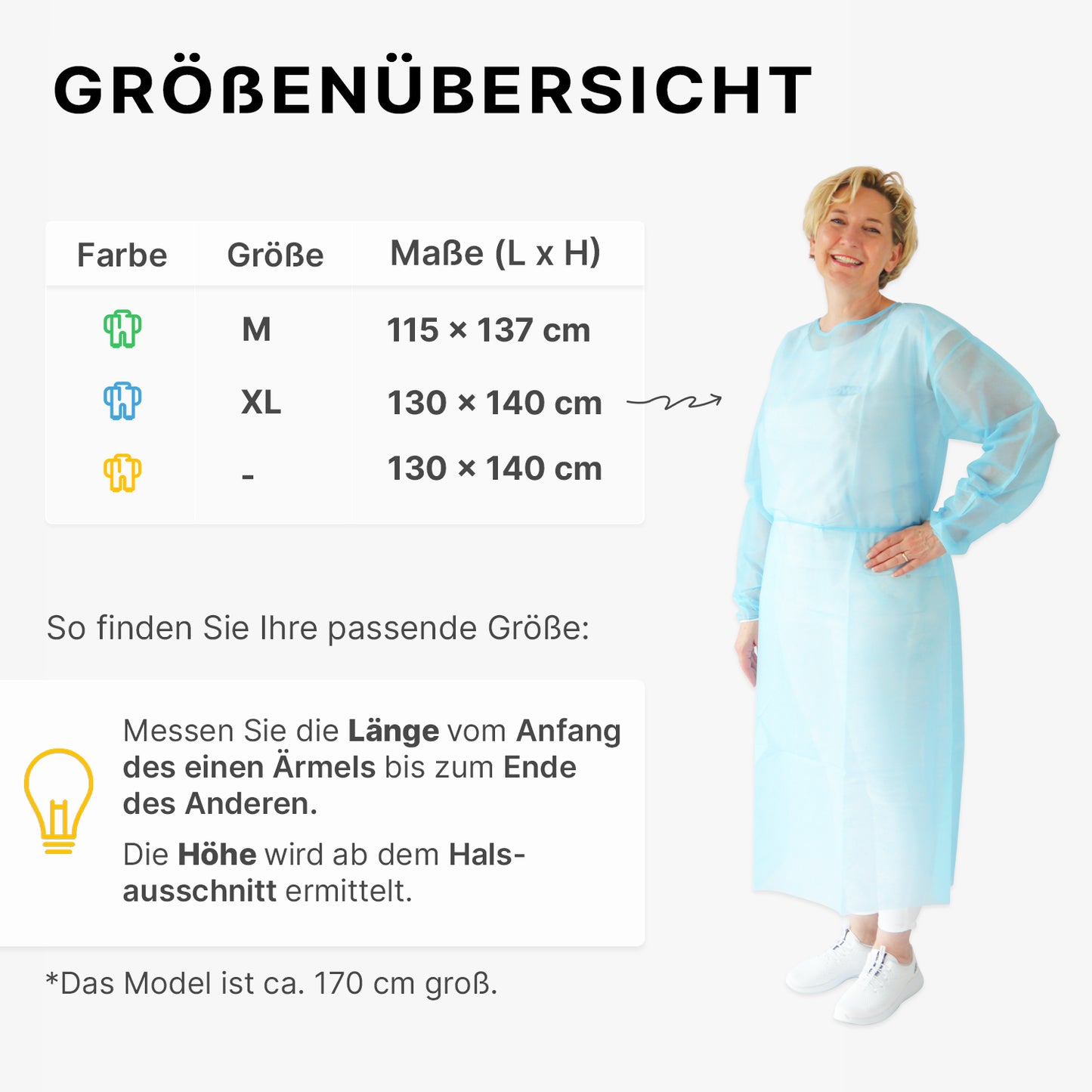 Eine Größentabelle für ARNOMED PROTECT PP-SCHUTZKITTEL von ARNOWA GmbH zeigt M und XL in blau/grün. Rechts ist eine Frau (ca. 170 cm) in einem hellblauen Einweg Schutzkittel abgebildet. Größenangaben und Infos zum Polypropylen-Vlies finden Sie unterhalb der Tabelle.