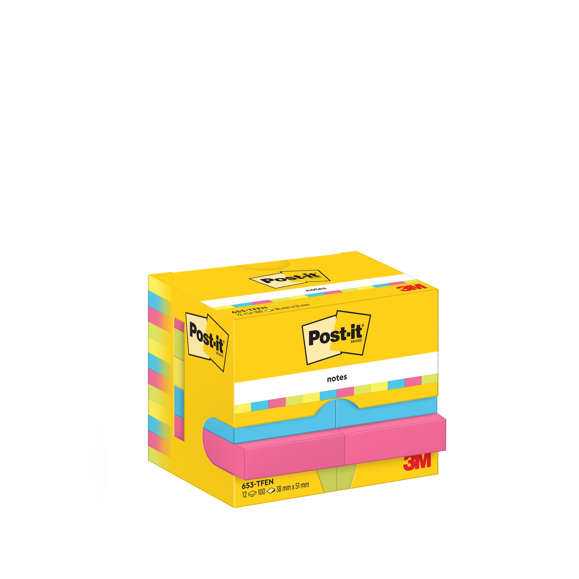 Eine gelbe Box Post-it® Notes, Energetic Collection von 3M Deutschland GmbH, enthält 12 Blöcke in verschiedenen Pastellfarben (38 mm x 51 mm, 100 Blatt/Block). Lieferung in PEFC-zertifizierter Kartonverpackung.