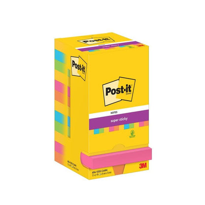 A yellow box of Post-it® Super Sticky Notes (76 mm x 76 mm, 90 sheets/block) from 3M Deutschland GmbH, with various blocks and the Post-it logo.