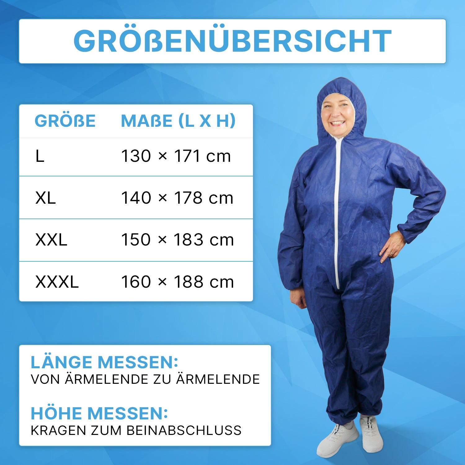 Eine Person, die den ARNOMED COVER PP-OVERALL XTRA STRONG in blau von ARNOWA GmbH trägt, lächelt neben einer Tabelle mit den Größen L-XXXL, unter der auf blauem Hintergrund Messlängen- und Größenangaben angezeigt werden.