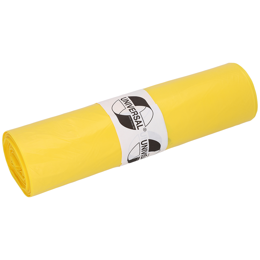 Eine Rolle DEISS Abfallsäcke 575x1000x0,018 mm aus HDPE 50 l von EMIL DEISS KG (GmbH + Co.), gelbe Säcke mit weißem Etikett und schwarzem "Universal"-Logo auf weißem Grund.