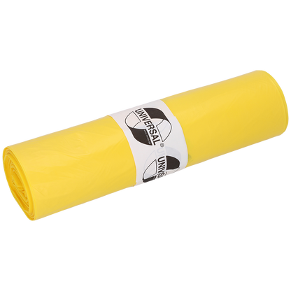Eine Rolle DEISS Abfallsäcke 575x1000x0,018 mm aus HDPE 50 l von EMIL DEISS KG (GmbH + Co.), gelbe Säcke mit weißem Etikett und schwarzem "Universal"-Logo auf weißem Grund.