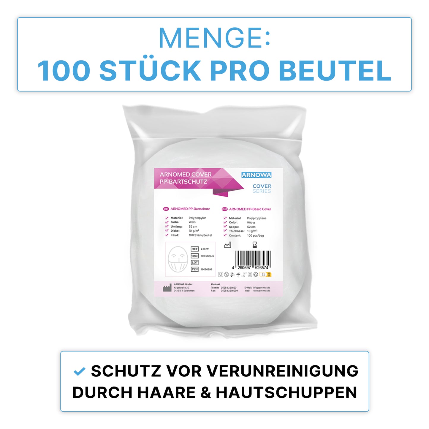 Ein versiegelter Beutel mit der Aufschrift "ARNOMED PP-Bartschutz Weiß, mit Gummizug, Einweg | Beutel (100 Stück)" der ARNOWA GmbH enthält 100 weiße Einweg-Bartschutzhüllen zum Schutz vor Kontamination durch Haare und Hautschuppen.