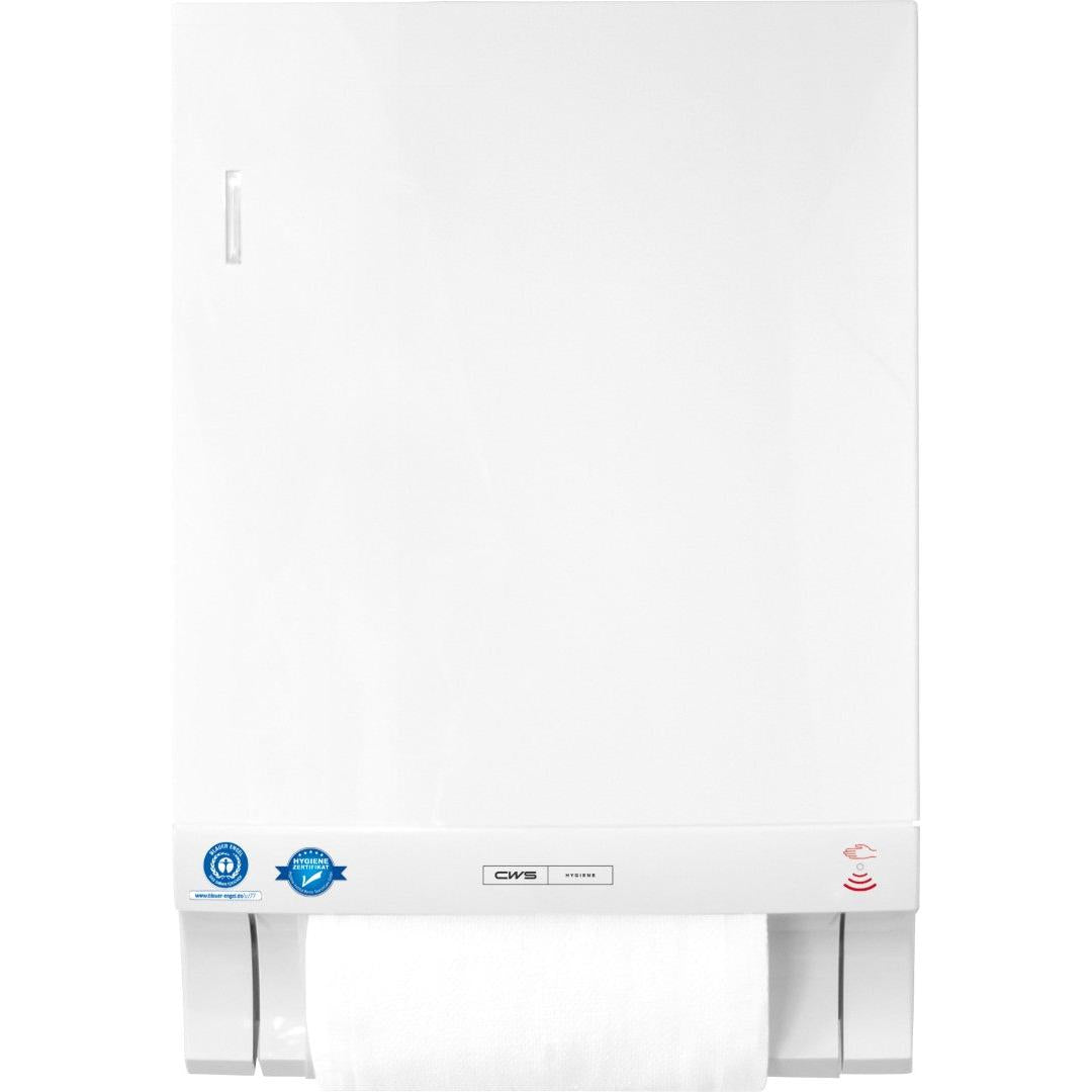 The CWS ParadiseLine fabric towel dispenser Dry Slim Non-Touch, including white panel, is a white wall dispenser that offers hygienic, touchless towel dispensing; a roll is partially dispensed at the bottom.