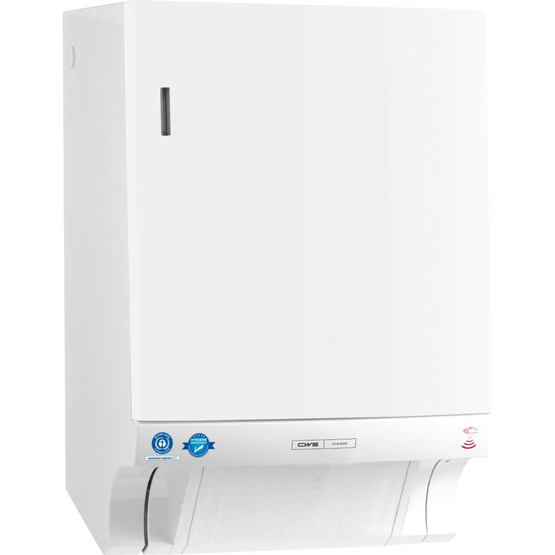 The CWS ParadiseLine fabric towel dispenser Dry Slim Non-Touch, including white panel, ensures hygienic towel dispensing thanks to touch-free operation.
