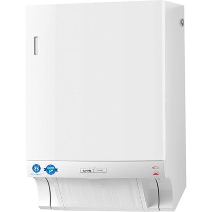 The CWS ParadiseLine fabric towel dispenser Dry Slim Non-Touch (white, 1 piece) is a wall dispenser for hygienic towel dispensing with a visible mounting plate and certification sticker on the lower left front panel.