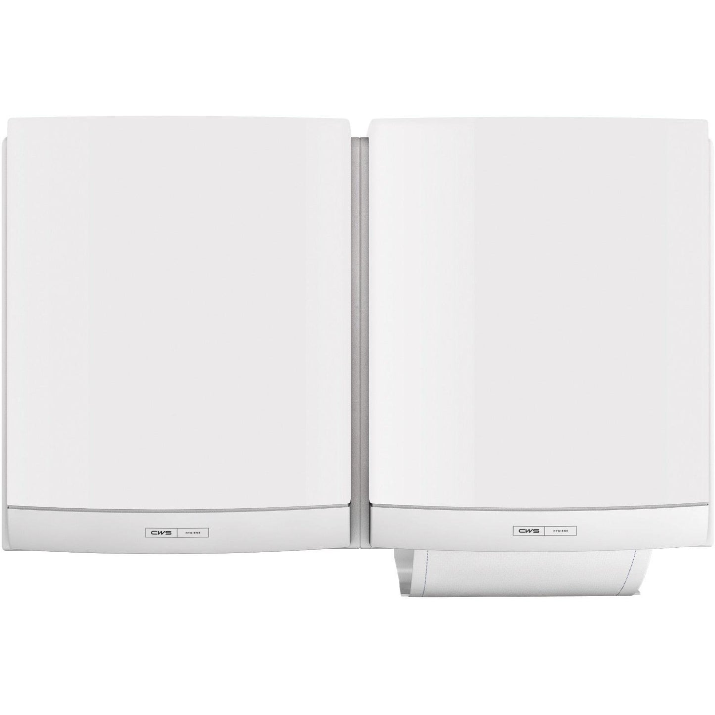 Two white CWS ParadiseLine fabric towel dispensers DUO including panel are mounted side by side. The right dispenser shows a partially dispensed towel and offers a hygienic solution with small labels near the bottom. Brand: CWS.