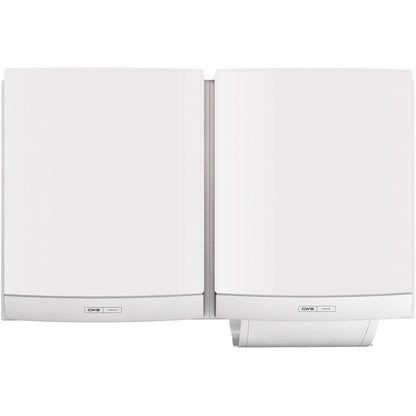 Two white CWS ParadiseLine fabric towel dispensers DUO including panel are mounted side by side. The right dispenser shows a partially dispensed towel and offers a hygienic solution with small labels near the bottom. Brand: CWS.