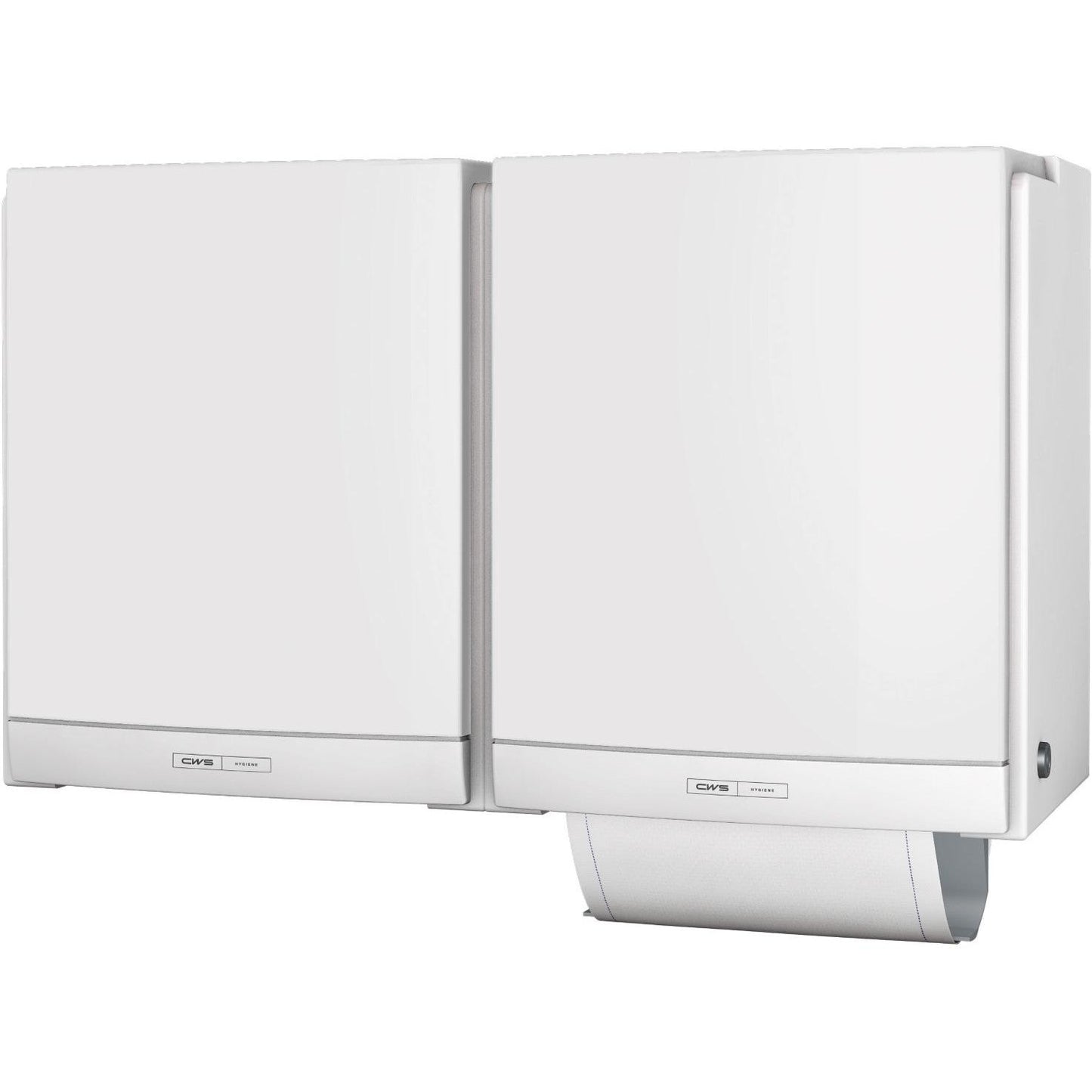 Two white CWS ParadiseLine fabric towel dispensers DUO with white panel are mounted side by side and provide an eco-friendly and hygienic solution for washrooms. A towel is visible in the eco-friendly unit.