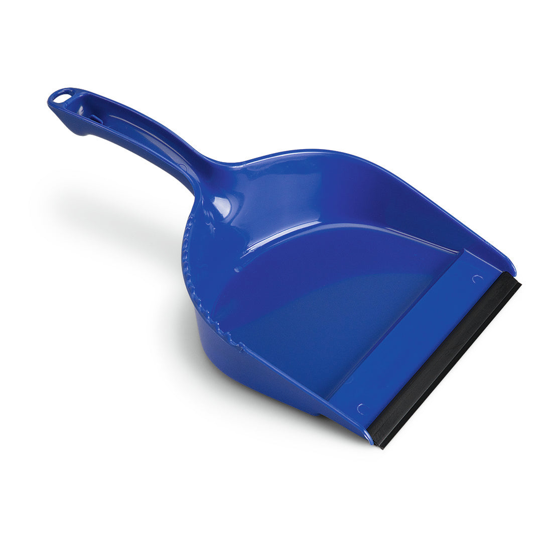 Die Nölle Profi Brush Kunststoffschaufel "Siena" (blau, 34x21 cm) mit schwarzer Gummilippe von Nölle Profi Brush Bürsten- & Pinseltechnik e.K. ist auf weißem Hintergrund zu sehen; der angewinkelte Griff zeigt nach oben.