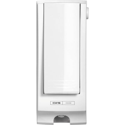 Der weiße CWS ParadiseLine Toilettensitzreiniger-Spender SeatCleaner inklusive Panel überzeugt mit modernem, rechteckigem Design und feinen Linien - das Label unten zeigt "CWS Hygiene" für Sauberkeit in jedem Umfeld.