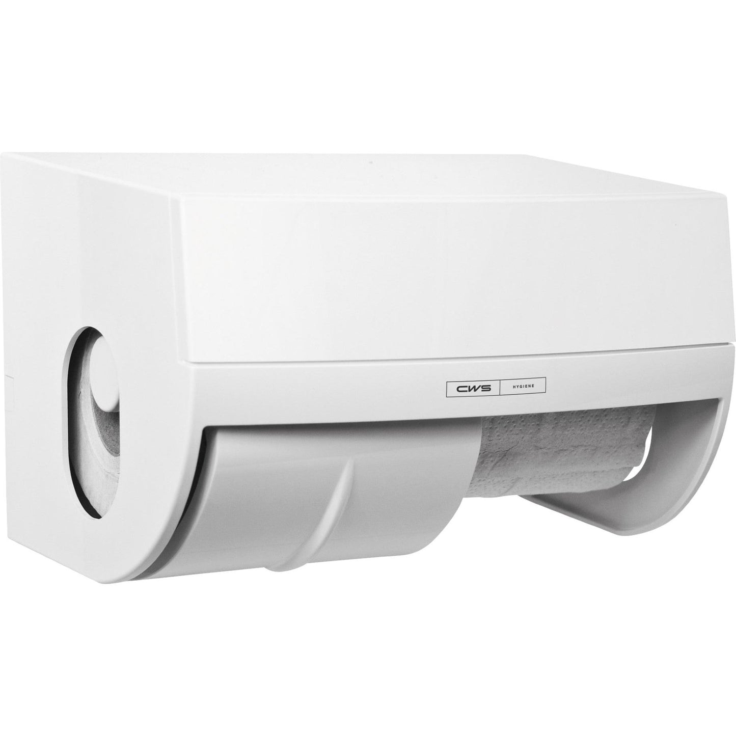 The CWS ParadiseLine toilet paper dispenser Toilet paper including Panel in White is a wall-mounted toilet paper dispenser with visible branding, ideal for any bathroom area.