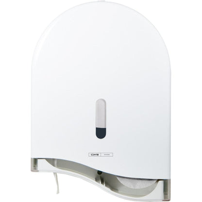 The CWS ParadiseLine jumbo roll toilet paper dispenser TPS Superroll, white panel, with lock, has a small viewing window for paper level and a bottom slot for easy removal - perfect for any toilet.
