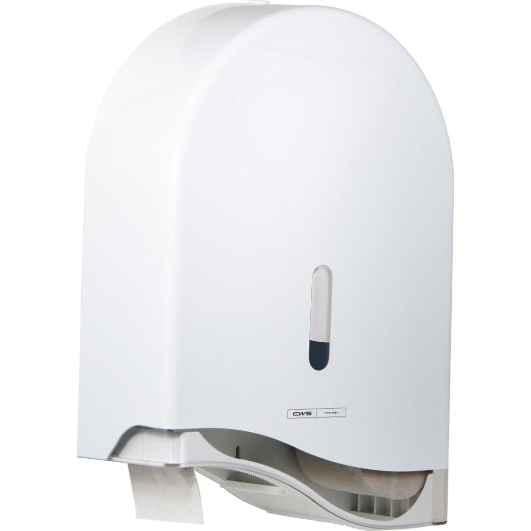 The CWS ParadiseLine jumbo roll toilet paper dispenser TPS Superroll in white features a lock, a transparent viewing window for paper level control, and a TPS Superroll indicator at the bottom.