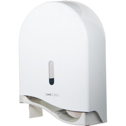 The CWS ParadiseLine jumbo roll toilet paper dispenser TPS Superroll, white panel, features a lock, a small vertical viewing window for indicating paper level, and an opening at the bottom for easy removal.