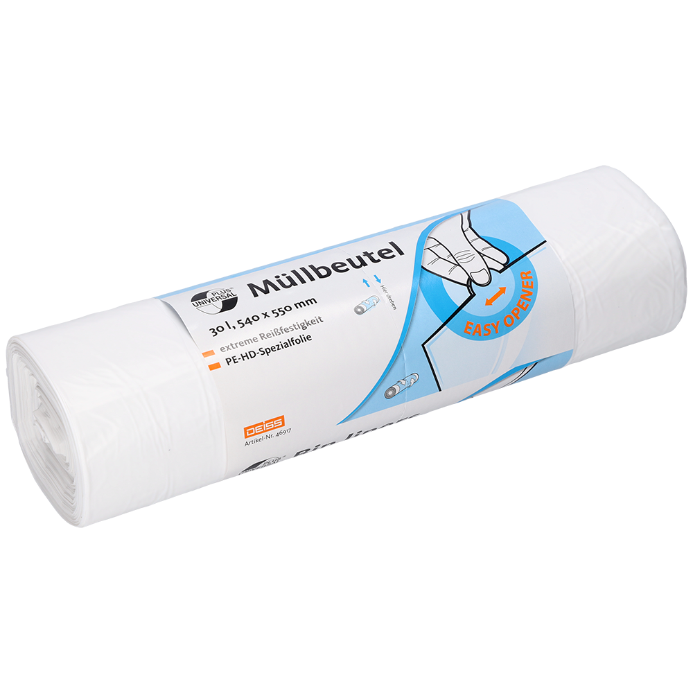 Eine Rolle DEISS 46917 weißer Müllbeutel (540x550x0,015 mm, 100 Stück) von EMIL DEISS KG (GmbH + Co.) in Kunststoffverpackung mit deutscher Info und einer Handabzieh-Illustration - ideal für die praktische Müllentsorgung.