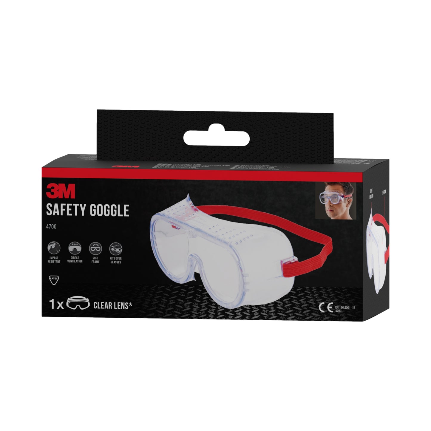 A rectangular box of 3M™ Classic Safety Glasses 4700 with clear lenses and a red band has black packaging with red/white text, safety symbols, and highlights the directly ventilated design of 3M Deutschland GmbH.