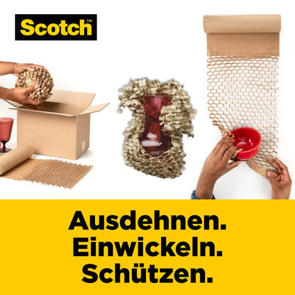Eine Person verpackt eine rote Vase mit Scotch™ Cushion Lock™ Schutzverpackung, 30,4 cm x 9,14 m von 3M Deutschland GmbH; eine andere verpackt eine Schale. Deutscher Text: "Ausdehnen. Einwickeln. Schützen.